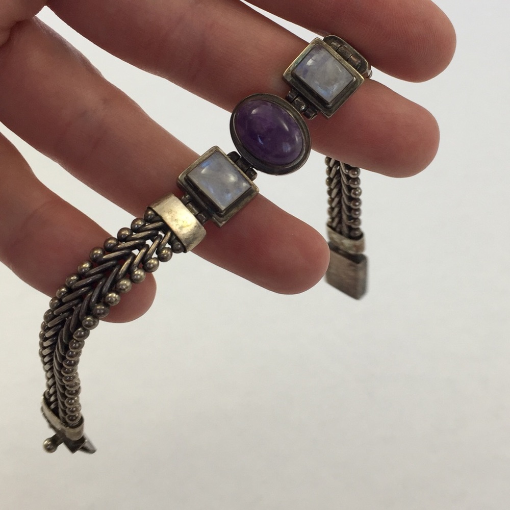 Vintage 925 Moonstone Amethyst Silver Bracelet